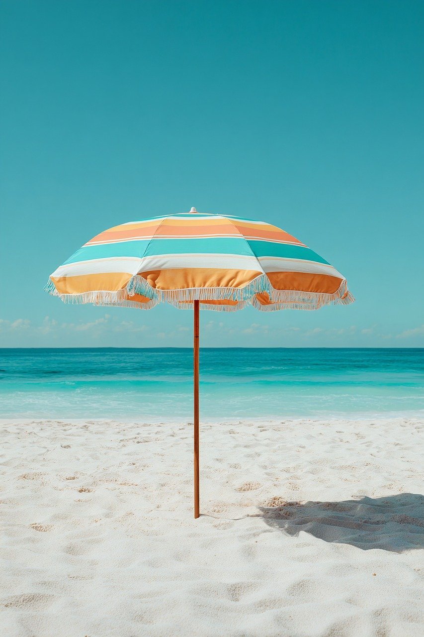 umbrella, beach, summer, sand, teal, orange, nature, sunny